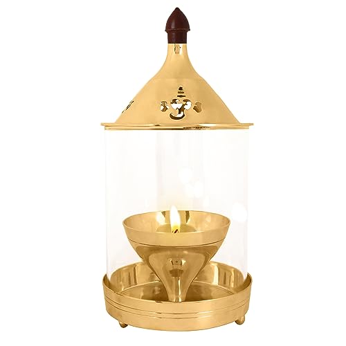 SATVIK - 7 INCH - Pure Brass Akhand Diya with Glass Chimney Kanchdeep Oil Lamp for Home Temple Pooja Diwali Decor Traditional Brass Lamp