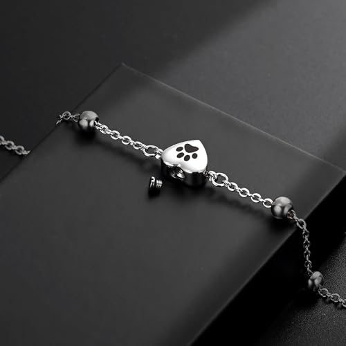 Paw Print Heart Urn Bracelet for Ashes Adjustable Stainless Steel Cremation Jewelry Memorial Keepsake Bracelet for Pets Ashes Dog Cat A-Silver
