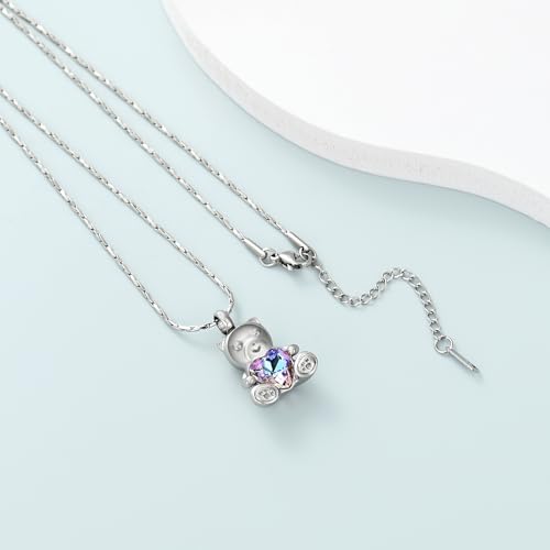 Imrsanl Teddy Bear Cremation Jewelry for Men Women Crystal Heart Memorial Urn Necklaces for Ashes Pendant Human Pet Ashes Holder Keepsake Silver Purple