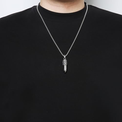 HZMAN Stainless Steel Bullet Head Cremation Memorial Urn for Ashes Human Ashes Necklace 22+2In Box Chain Skull-Silver