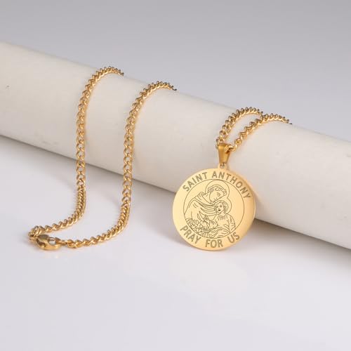 Amaxer Saint Necklace for Men Stainless Steel Religious Protector Medal Religion Protection Jewellery Gifts Pendant Necklaces for Women Men Gold Saint Anthony