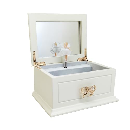 Liou PapaQ White Musical Jewelry Box with Ballerina for Girls and Women, Wooden Storage Organizer with Mirror,Swan Lake Tune, Great Gifts for Christmas,Birthday and all Holidays