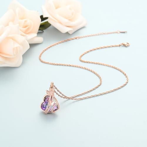 shajwo Butterfly Heart Urn Necklaces Cremation Jewelry for Ashes for Women Men Memorial Human Ashes Pendant Rose Gold-Purple
