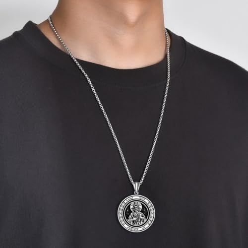 925 Sterling Silver Medal Religious Necklaces for Men Women Black plated 1