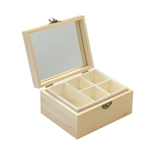 Cregugua 3 Pack Unfinished Surface Wood Jewelry Box (6x4.7x3 in) Small Wooden Chest Case with Glass Mirror