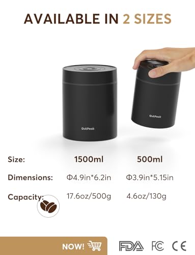 OUTPEAK Neo Latest Vacuum Coffee Canister, 0.5L for 4.6oz Coffee Beans, One-Button Operation, Small Airtight Coffee Canister with Scoop, Coffee Storage Container Stainless Steel (Champion's Choice) 0.5L-S/Steel-Space Grey