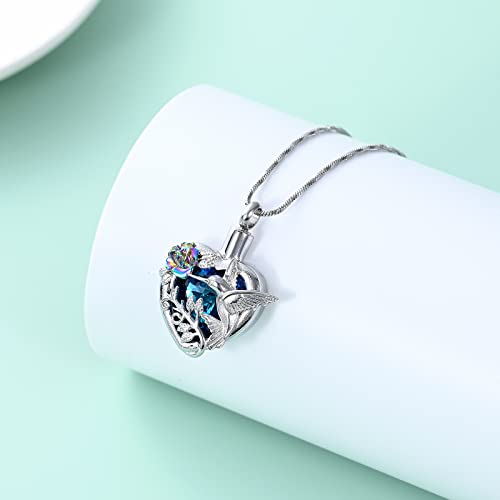 Yinplsmemory Hummingbird Cremation Jewelry Crystal Heart Urn Ashes Necklace for Women Men Memorial Keepsake Necklace of Loved One Blue-Rainbow