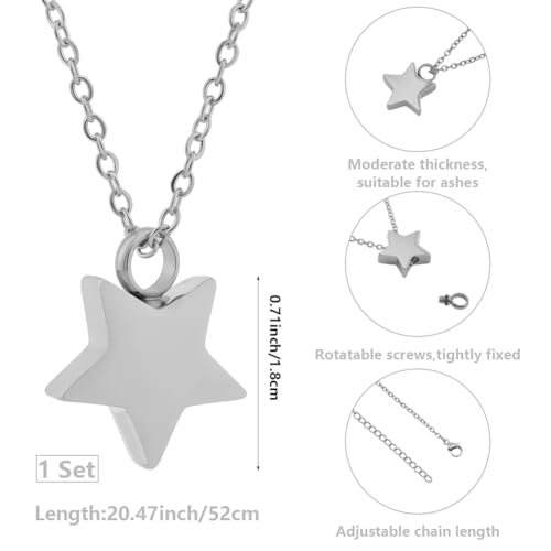 CREATCABIN Star Urn Necklace for Ashes Keepsake Cremation Jewelry Stainless Steel Urns Pendant Mini Urn Jewelry Silvery Star Necklace Ashes Holder Lockets with Funnel Pin for Women Men 17.99 Inch