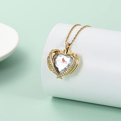 Yinplsmemory Red Cardinal Cremation Jewelry Angel Wing Crystal Heart Urn Ashes Necklace for Women Men Memorial Keepsake Urn Jewelry Gold