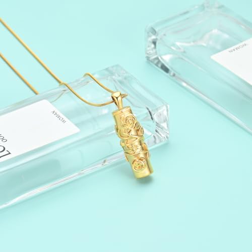 Cylinder Urn Necklace for Ashes Roseflower Cremation Jewelry Urn Ashes Necklace for Women Men Memorial Keepsake Necklace of Loved One Gold