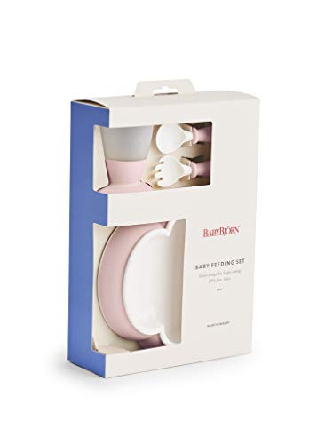 BabyBjörn Baby Feeding Set in Powder Pink, 4-piece flatware set with spoons and forks for infants, designed for easy feeding.