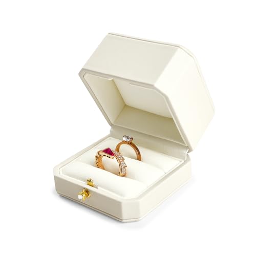 Beige PU Leather Double Dual Ring Box Octagonal Wedding Ring Box White Double Ring Box