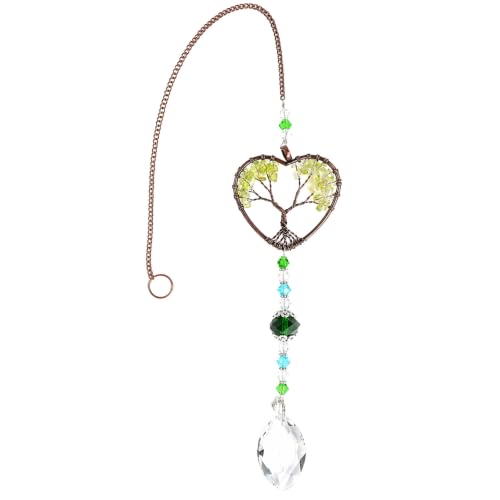 Tree of Life Crystal Suncatcher for Windows, Handmade Green Crystal rainbow Maker Hanging Ornaments for Garden Home Decor Spiritual Gifts for Women Men Friends and Holidays
