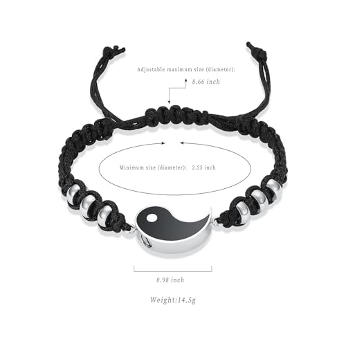 Hearbeingt Taiji Bagua Cremation Jewelry Yin Yang Urn Bracelet for Ashes Braided-Black+Silver