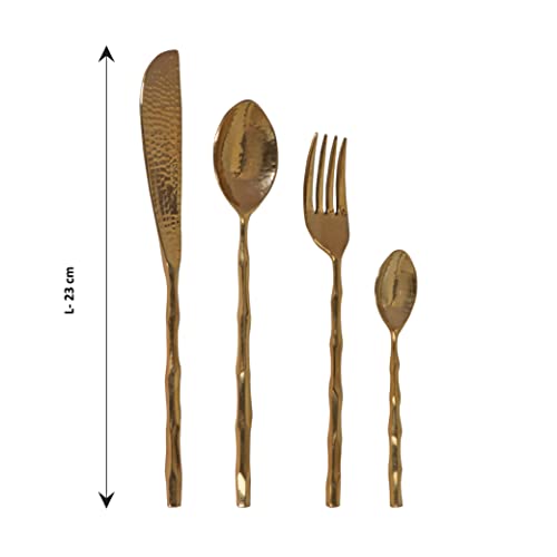 DeKulture handmade pure brass 4-piece gold cutlery set with knives, forks, and spoons for dining and serving.
