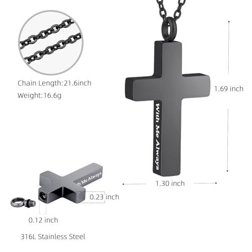 Cremation Cross Necklace for Ashes Stainless Steel Cross Urn Pendant with Mini Keepsake Ashes Holder Memorial Jewelry - With Me Always Black-With Me Always