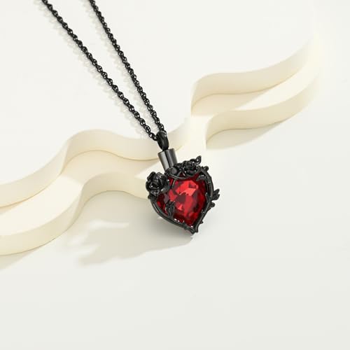 Cremation Jewelry for Ashes Rose Flower Urn Necklace with Crystal Heart Ashes Pendant Butterfly Necklaces for Women Men Memorial Keepsake Jewelry Gift Black-red