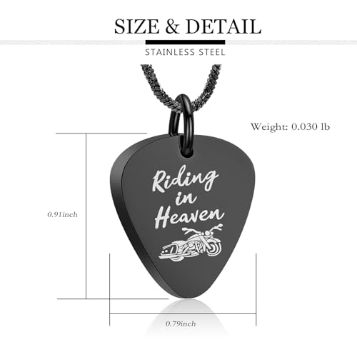 Yinplsmemory Cremation Jewelry Guitar Pick Urn Necklace for Ashes for Women Men Riding In Heaven Motorcycle Ashes Keepsake Memorial Jewelry Black