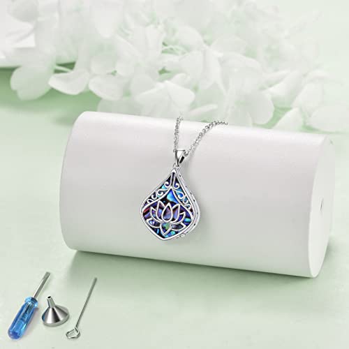 POPLYKE 925 Sterling Silver Lotus Sunflower Hummingbird Necklace Teardrop Abalone Necklace or Cremation Jewelry for Women Birthday Christmas Gifts Lotus Abalone Urn Necklace for Ashes