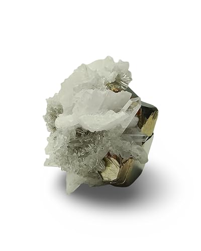 Natural Pyrite Crystals with Clear Quartz Crystal from Peru - Authentic Specimen Formed by Clusters & Druses of White Quartz and Pyrite Stone | for Collection, Decoration or Gifting (3 to 4 Ounce) 3 to 4 Ounce