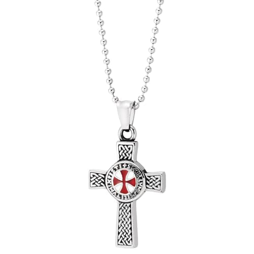 COOLSTEELANDBEYOND Men's Stainless Steel Knights Templar Cross Necklace, Crusader Red Enamel Pendant, Celtic Knotwork Jewelry, Masculine Medieval Religious Gift for Him