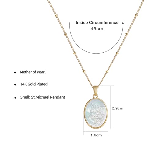 KOMI Pendant Necklace for Women, Mother of Pearl Pendant with 18K Gold Plated Necklace, Catholic Jewelry for Women with Soft Velvet Bag St. Michael