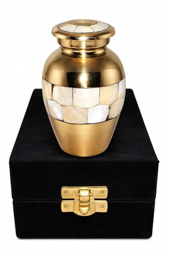 Small Keepsake Urn 2.7 Inches - Made of Pure Brass and Mother of Pearl - Golden Color