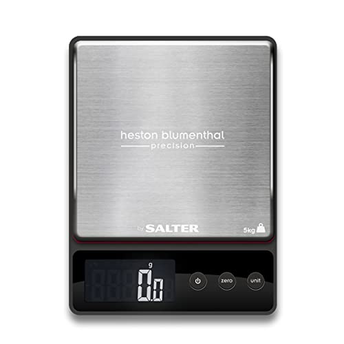 Heston Blumenthal Precision by Salter Digital Kitchen Scales - Square Compact Cooking Scale, Waterproof Platform, Weigh Food, Coffee & Liquids, Measure In 0.5g Increments, Slim Design, Stainless Steel Compact Precision Scale