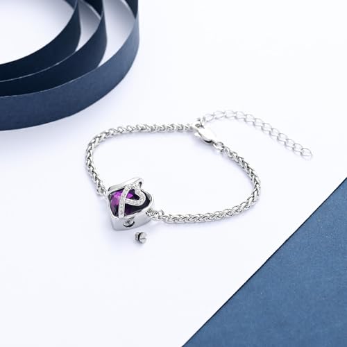 constantlife Heart Shape Urn Bracelet for Ashes for Women Stainless Steel Crystal Cremation Keepsake Adjustable Link Bangle Loved Ones Memorial Jewelry Gift Silver-Purple