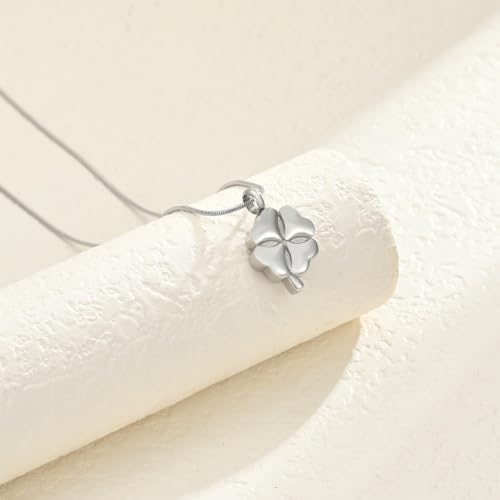Cremation Jewelry Memorial Urn Necklace for Ashes Lucky Four-Leaf Clover Urn Pendant Necklace Ashes Keepsake for Women Men Silver