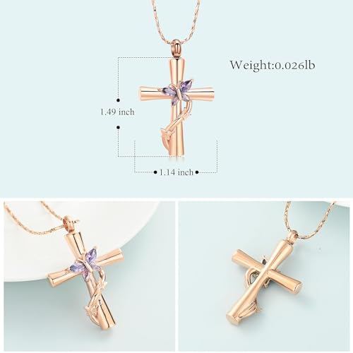 Urn Necklaces for Ashes Butterfly Cremation Jewelry for Ashes Cross With Crystal Butterfly Memorial Ash Pendant Keepsake Jewelry Gifts for Loss of Loved One Rose&purple