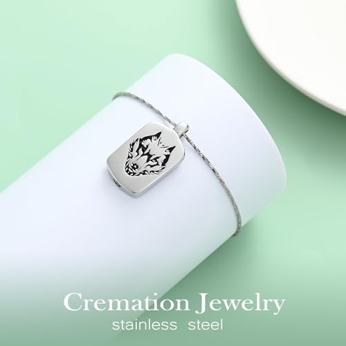 Pet Cremation Jewellery Wolf Poker Urn Necklaces for Ashes Stainless Steel Keepsake Memorial Pet Ash Pendant Jewellery for Men Women Silver-2PCS
