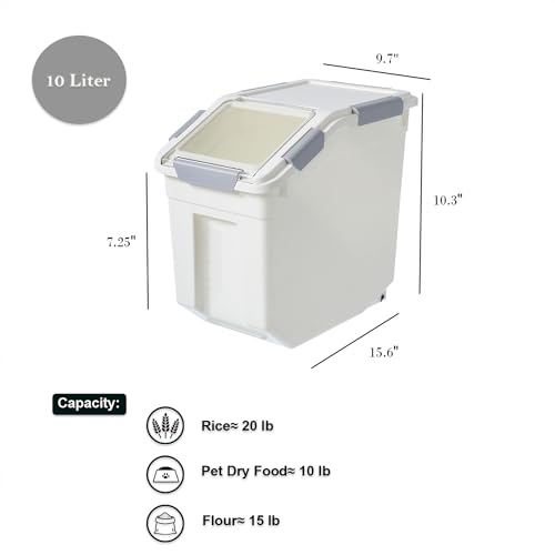 HANAMYA 10 Liter / 20 lbs Rice Storage Container with Measuring Cup, BPA free, For Rice | Grain | Pet Food | Flour, 2 count, White 20 lb, 2 Count