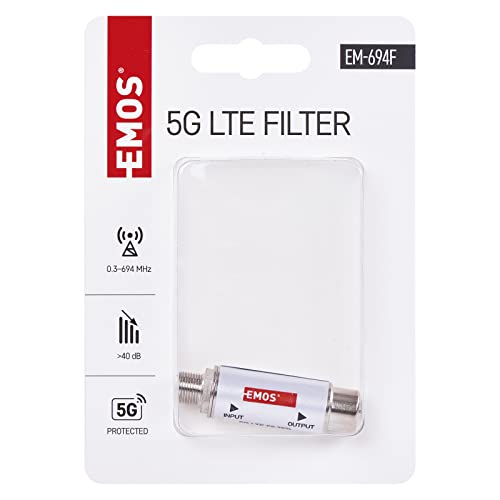 EMOS LTE/4G/5G blocking filter, passage range up to 694 MHz, DC pass, 1.6 x 4 cm, F-connector J5711 silver F connector