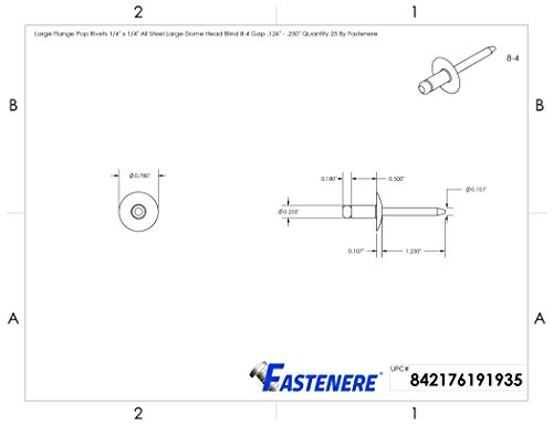 Fastenere large flange steel zinc blind pop rivets, 1/4 x 1/4 inch, open-end design, 25-piece pack
