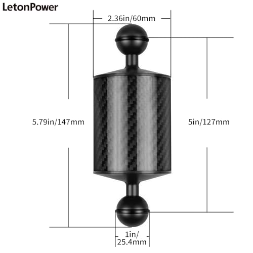 Black 5" Carbon Fiber Underwater Float Arm (2-Pack) - Ultralight Dual 1" Ball Buoyancy System for Diving Tray Video Lights & Strobes D60mm, 127mm Black