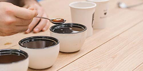 Set of eight stainless steel coffee cupping spoons from Artizan Coffee Gear, designed for professional coffee tasting.