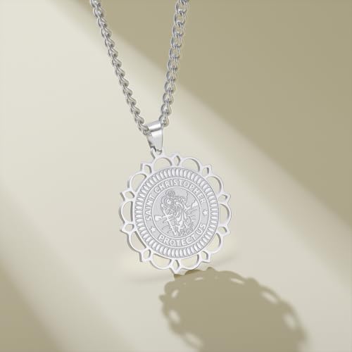 Amaxer Saint Christopher Medal Necklace for Women Saints Medal Saint Christopher Protect Us Religious Travel Protection Jewellery Necklace for Women Men Silver