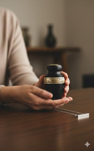 AmericUrn Black and Gold Urns for Human Ashes – Adult Female & Male Memorial Set of 2 with 1 Keepsake Urn & Necklace