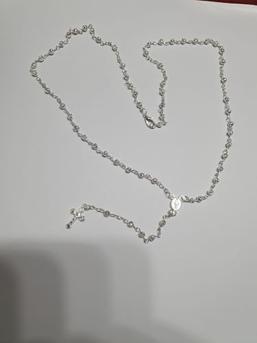 Madonna Prayer Rosary Necklace 60 cm + 12 cm Long with Cross, 3 mm Balls Approximately 3 mm Round Medal and Jesus Cross, taglia unica, Silver Plated Brass, Metal