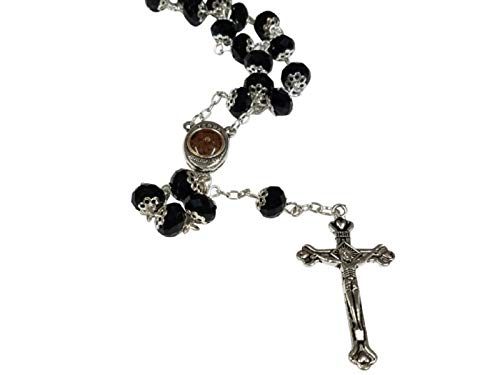 Glass Crystal Beads Rosary with Holy Soil Silver Crucifix (Pink, Red, Green, Purple, Light Blue, Dark Blue, Black, Clear, Blue) (Black)