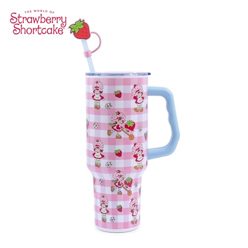 Silver Buffalo Strawberry Shortcake Pink Pattern Stainless Steel Travel Tumbler With Handle, Lid, and Reusable Straw | Holds 40 Ounces