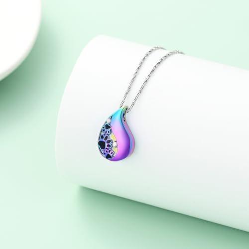 Yinplsmemory Pet Paw Print Teardrop Urn Necklace for Ashes for Dog/Cat Ashes Keepsake Memorial Pet Cremation Jewelry Rainbow