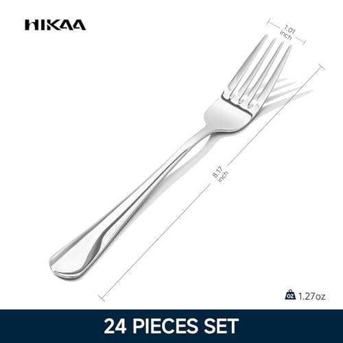 HIKAA 8.17 Inch Dinner Forks, Set of 24, Food Grade Stainless Steel Flatware, Mirror Polished, Smooth Edge, Dishwasher Safe for Home Kitchen Restaurant Party 24-Piece