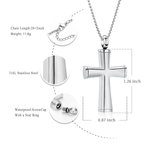Oinsi Cross Cremation Necklace for Ashes Stainless Steel Crucifix Memorial Urn Jewelry for Women Men Keepsake Pendant Silver Tone