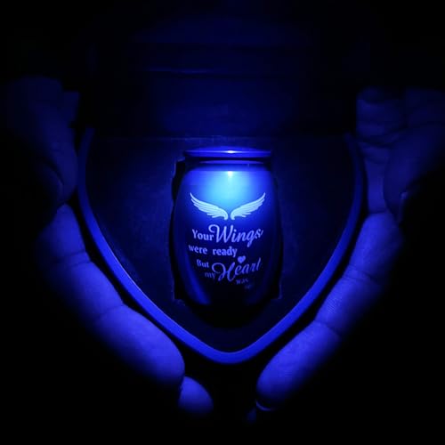 Small Urns for Human Ashes Keepsake, Mini Urn Cremation for Ashes, Little Tiny Baby Infant ERN Earns Holder Container Necklace Loss Memorial Gifts Funeral Urn - Heart Box with Blue Light