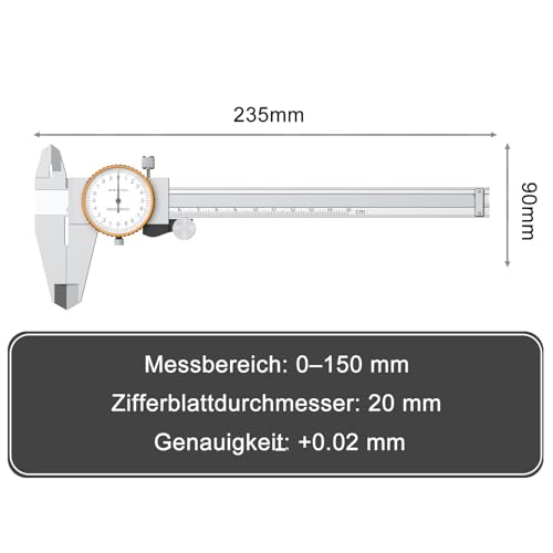 Dial Vernier Caliper 0-150mm Stainless Steel Scale Caliper Watch Caliper Analog 0.02 Resolution Industrial Shockproof Metric Measuring Tool