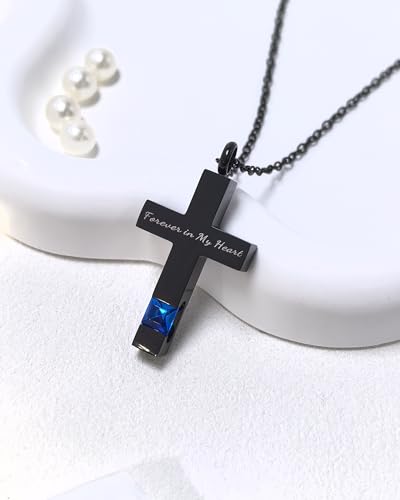 Cross Urn Necklace for Ashes Birthstone Cremation Jewelry Keepsake Pendant for Women Men with Funnel Filler Kit Memorial Gifts for Human Pet Forever in my heart Black Blue
