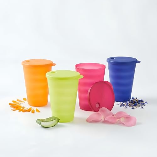 Tupperware Brand Impressions 16 oz Tumblers - Set of 4 - Dishwasher Safe & BPA Free - Mess-Free Reusable Plastic Cups with Lids