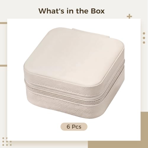 6 PCS Bridesmaid Present Jewelry Boxes, 3.9 x 3.9 x 2 in White PU Leather Travel Jewelry Case, Zippered Jewelry Storage Organizer for Women, Compact Ring Earring Necklace Holder